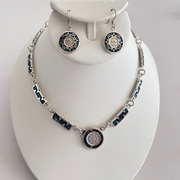 Sterling Silver 925 Aztec Mayan Turquoise Necklace And Earrings Set - Picture 1 of 10